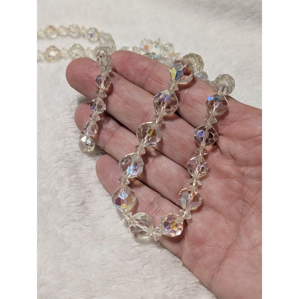 Vintage Faceted Crystal Aurora Borealis AB Glass Bead Necklace  1950s MCM